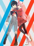  1boy 1girl angi black_hair black_legwear blue_eyes boots brown_footwear couple darling_in_the_franxx eyebrows_visible_through_hair green_eyes hair_ornament hairband hiro_(darling_in_the_franxx) holding_lollipop horns hug lipstick loking_anotuniform lollipop long_hair looking_at_another military military_uniform necktie one_leg_raised oni_horns orange_neckwear pantyhose pink_hair red_horns red_neckwear shoes short_hair socks white_footwear white_hairband zero_two_(darling_in_the_franxx) 