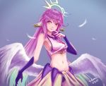  angel_wings blue_background breasts bridal_gauntlets commentary crop_top cross feathered_wings feathers finger_to_mouth gloves gradient_eyes gradient_hair halo jibril_(no_game_no_life) long_hair low_wings magic_circle medium_breasts midriff multicolored multicolored_eyes multicolored_hair navel no_game_no_life orange_eyes parted_lips patrick_hambali pink_hair sideboob solo symbol-shaped_pupils very_long_hair white_wings wing_ears wings yellow_eyes 