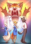  2018 absurd_res aggressive_retsuko anthro blush canine cellphone clothed clothing digital_media_(artwork) fangs female fennec fenneko footwear fox fully_clothed fur group haida hand_behind_head hi_res holding_object holding_phone hyena male mammal mykegreywolf open_mouth phone red_panda retsuko sanrio shoes 