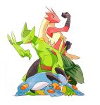  ambiguous_gender blaziken blue_body blue_eyes cropped feathers green_body group leaf_tail nintendo pok&eacute;mon pok&eacute;mon_(species) red_feathers sceptile simple_background smile swampert video_games whip white_background yellow_feathers yellow_sclera ばん 