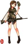  battle_rifle blue_eyes boots braid brown_hair camouflage camouflage_hat fn_fal gun hat hat_removed headwear_removed highres military ndtwofives original pouch rhodesian_light_infantry rifle short_shorts shorts single_braid solo weapon white_background 