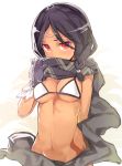  bangs bikini black_gloves black_hair black_scarf blush breasts cleavage covered_mouth dark_skin gloves groin hair_ornament hand_up kurasuke looking_at_viewer medium_breasts navel original red_eyes scarf solo swimsuit white_bikini 