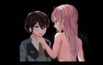  1boy 1girl black_hair blue_eyes blush couple darling_in_the_franxx green_eyes hair_ornament hairband hands_on_another&#039;s_neck hiro_(darling_in_the_franxx) horns long_hair military military_uniform nakadaye necktie nude oni_horns pink_hair red_horns red_neckwear short_hair sweat uniform white_hairband zero_two_(darling_in_the_franxx) 