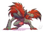  animal_genitalia animal_penis balls canine_penis claws crouching green_eyes grin knot male nintendo nude penis pok&eacute;mon pok&eacute;mon_(species) precum rollwulf scar simple_background smile solo teeth toe_claws video_games white_background wristband zoroark 