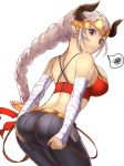  aliza_(granblue_fantasy) ass blush breasts draph granblue_fantasy hand_on_ass headpiece horns koucha_maru large_breasts long_hair looking_back pants pointy_ears ponytail red_eyes silver_hair solo tight tight_pants 
