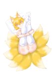  absurdres animal_ears anus ass blonde_hair breasts commentary_request feet fox_ears fox_tail full_body highres large_breasts legs_up looking_at_viewer lying medium_hair multiple_tails nude on_back pillow pussy smile soles solo tail thighhighs touhou uncensored white_legwear yakumo_ran yellow_eyes yeo_arin 