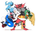  black_body blue_body blue_hair carrying decidueye eyes_closed feathers green_eyes grin group hair incineroar looking_at_another muscular nintendo open_mouth open_smile orange_eyes pecs pink_nose pok&eacute;mon pok&eacute;mon_(species) primarina red_body simple_background smile standing tan_feathers video_games white_background yellow_sclera ばん 