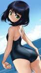  black_hair breasts cloud commentary_request day green_eyes ocean one-piece_swimsuit original rohitsuka school_swimsuit sky small_breasts smile swimsuit 