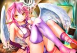  angel_wings blush book breasts commentary_request crop_top cross feathered_wings gloves gradient_hair halo jibril_(no_game_no_life) large_breasts long_hair low_wings magic_circle midriff mismatched_legwear multicolored_hair no_game_no_life open_mouth pink_hair shoes sideboob single_shoe smile solo symbol-shaped_pupils tattoo tawawa_(kakeibo7ykwety) very_long_hair white_wings wing_ears wings yellow_eyes 