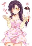  ;o alternate_hairstyle apron blush braid breasts cleavage clenched_hands collarbone commentary_request cowboy_shot crown_braid floral_print hair_over_shoulder hands_up holding ladle long_hair looking_at_viewer love_live! love_live!_school_idol_project mogu_(au1127) off-shoulder_sweater one_eye_closed pink_apron print_apron simple_background single_braid sleeves_past_wrists solo sweater thigh_gap toujou_nozomi translation_request white_background yellow_sweater 