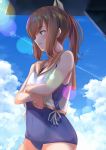  1girl bangs bare_shoulders blue_sky blue_swimsuit blush breasts brown_eyes brown_hair cloud collarbone covered_navel day eyebrows_visible_through_hair hair_ornament highres i-401_(kantai_collection) kantai_collection long_hair looking_afar one-piece_swimsuit open_mouth outdoors parted_lips ponytail sailor_collar school_swimsuit school_uniform serafuku short_hair short_ponytail sidelocks sky solo swimsuit swimsuit_under_clothes tan thighs undressing 