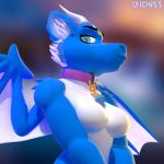  2018 3d_(artwork) anthro breasts collar digital_media_(artwork) dragon female fur laionss looking_at_viewer simple_background smile solo wings 