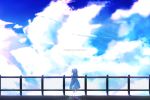  aoi_thomas blue_sky chain-link_fence cloud cloudy_sky commentary day dissolving dress english facing_away fence ghost highres hood hood_down hooded_dress original outdoors short_hair short_sleeves silver_hair sky solo standing transparent white_dress wide_shot 