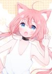  ahoge animal_ear_fluff animal_ears artist_name black_choker blue_eyes blush cat_ears choker commentary_request hinata_channel kurashi long_hair looking_at_viewer low_twintails nekomiya_hinata open_mouth paw_background pink_hair sleeveless solo tank_top twintails upper_body virtual_youtuber white_tank_top 
