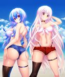  ass ass_visible_through_thighs back bare_arms bare_shoulders beach bikini_top black_legwear blue_hair blue_shorts blue_sky breasts choker cleavage closed_mouth cloud commentary_request day from_behind front-tie_bikini front-tie_top fujiwara_no_mokou grin hand_on_hip head_tilt highleg highleg_panties highres hijikawa_arashi kamishirasawa_keine large_breasts legs_apart long_hair looking_at_viewer looking_back medium_breasts multicolored_hair multiple_girls navel outdoors panties red_eyes red_shorts short_shorts shorts single_thighhigh skindentation sky smile standing strapless strapless_bikini summer swimsuit teeth thigh_strap thighhighs touhou underwear wavy_hair white_bikini_top white_hair 