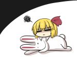  :x =_= artist_self-insert blonde_hair bunny chibi closed_eyes comic commentary_request crossed_legs goma_(gomasamune) hair_ribbon highres long_sleeves lying on_floor on_side ribbon rumia shadow squiggle touhou 