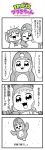  2girls 4koma :3 animal_costume badge bangs bkub blush bow character_request comic eyebrows_visible_through_hair eyes_closed flying_sweatdrops greyscale hair_bow hand_behind_head highres idolmaster idolmaster_xenoglossia ip_police_tsuduki_chan looking_at_viewer monochrome multiple_girls one_eye_closed open_mouth penguin_costume school_uniform serafuku short_hair shouting sidelocks simple_background speech_bubble speed_lines talking translation_request two-tone_background wavy_mouth 