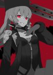 bangs bustier choker code_vein fhang fur_hat fur_trim gloves grin hand_on_own_chest hat long_coat looking_at_viewer mia_karnstein papakha red red_background red_eyes slit_pupils smile solo spot_color teeth twintails zipper zipper_pull_tab 