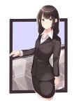  absurdres black_hair blush brown_eyes business_suit commentary_request formal hennekobakatesu highres long_hair looking_at_viewer miniskirt office_lady original pencil_skirt skirt skirt_suit smile solo suit 