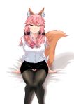  &gt;:) animal_ear_fluff animal_ears arm_support bangs befe black_legwear black_panties black_scrunchie black_skirt bow breasts closed_mouth dress_shirt eyebrows_visible_through_hair fate/grand_order fate_(series) feet_out_of_frame fox_ears fox_girl fox_tail highres large_breasts long_hair looking_at_viewer low_twintails miniskirt panties pantyshot pantyshot_(sitting) pencil_skirt pink_bow pink_hair scrunchie shirt shirt_tucked_in sitting skirt solo tail tail_raised tamamo_(fate)_(all) tamamo_no_mae_(fate) thighhighs thighs twintails underwear v-shaped_eyebrows white_shirt yellow_eyes 