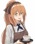  alternate_costume apron bangs barista blush breasts brown_apron brown_hair brown_ribbon coffee coffee_mug commentary cup eyebrows_visible_through_hair girls_frontline green_eyes hair_between_eyes hair_ribbon hair_rings holding holding_tray jjuwaap large_breasts long_hair long_sleeves m1903_springfield_(girls_frontline) mug open_mouth ponytail ribbon shirt sidelocks simple_background smile solo tray white_background white_shirt 