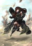  absurdres action aircraft arm_strap armor armpits assault_rifle asymmetrical_legwear bandana bangs blue_sky brown_eyes brown_hair case clothes_around_waist collarbone commentary detached_sleeves dust elbow_pads explosion eyebrows_visible_through_hair floating_hair full_body gauntlets girls_frontline gloves gun hair_between_eyes headset helicopter highres holding holding_gun holding_weapon jacket_around_waist light_particles long_hair looking_back m4_carbine m4a1_(girls_frontline) mid-stride mod3_(girls_frontline) multicolored_hair open_mouth outdoors reloading ribbed_sweater rifle running scope sidelocks signature sky smoke solo strap streaked_hair sweater sweater_vest torn_jacket tracer_bullets two-tone_hair upper weapon weapon_case wind wind_lift 