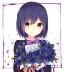  bangs blazer blue_flower blue_hair blue_jacket blush border bow bowtie closed_mouth commentary eyebrows_visible_through_hair flower flower_request hair_between_eyes highres jacket long_sleeves looking_at_viewer mole mole_under_eye nijisanji outside_border plaque play_button purple_border purple_neckwear school_uniform shizuka_rin short_hair simple_background smile solo taiyaki_(astre) upper_body virtual_youtuber white_background yellow_eyes youtube 