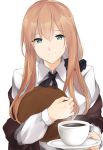  alternate_costume apron bangs black_scrunchie blush breasts brown_apron brown_hair brown_ribbon closed_mouth coffee coffee_mug commentary_request cup drink eyebrows_visible_through_hair girls_frontline giving green_eyes hair_between_eyes hair_over_shoulder hair_ribbon hair_rings head_tilt highres holding holding_tray large_breasts long_hair long_sleeves looking_at_viewer m1903_springfield_(girls_frontline) mug ponytail ribbon scrunchie shirokuro_(shirokuro-1999) shirt sidelocks simple_background smile solo tray white_background white_shirt 