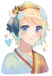  1girl blonde_hair blue_eyes blue_flower blush closed_mouth commentary earrings english_commentary eyebrows_visible_through_hair fire_emblem fire_emblem_heroes fjorm_(fire_emblem_heroes) flower hair_between_eyes hair_flower hair_ornament hair_ribbon hairband heart japanese_clothes jewelry kash-phia kimono looking_at_viewer nintendo ribbon short_hair simple_background smile solo white_background winged_hair_ornament yukata 