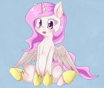  2014 blue_background blush cub equine feathered_wings feathers female feral friendship_is_magic fur hair horn mammal my_little_pony pink_hair princess_celestia_(mlp) simple_background sitting solo white_feathers white_fur winged_unicorn wings young zokkili 