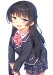  :d bangs black_hair blue_eyes blush bow bowtie braid commentary_request eyebrows_visible_through_hair french_braid hair_ornament hairclip half-closed_eyes long_hair looking_at_viewer nijisanji open_mouth pink_neckwear plaid plaid_skirt pleated_skirt racer_(magnet) school_uniform simple_background skirt smile solo tsukino_mito virtual_youtuber white_background 