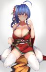  1girl absurdres ahoge azur_lane blue_hair blush breasts chinese_commentary cleavage clothes_lift commentary_request eyebrows_visible_through_hair flower hair_flower hair_ornament highres huge_filesize japanese_clothes kimono kimono_lift large_breasts looking_at_viewer panties pantyshot pantyshot_(sitting) purple_eyes short_kimono simple_background sitting solo st._louis_(azur_lane) thighhighs underwear wariza white_legwear yusha_(m-gata) 