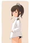  brown_eyes brown_hair cowboy_shot epaulettes food food_in_mouth hair_ornament hairclip hands_in_pockets highres i-401_(kantai_collection) kantai_collection kokudou_juunigou military military_uniform mouth_hold naval_uniform pink_background ponytail popsicle sailor_collar school_swimsuit short_ponytail solo swimsuit swimsuit_under_clothes tan two-tone_background uniform white_background 