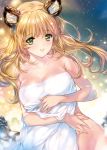 absurdres animal_ears bangs bare_arms bare_shoulders blonde_hair breasts cleavage collarbone eyebrows_visible_through_hair fingernails green_eyes highres large_breasts long_hair min-naraken open_mouth scan shiny shiny_skin simple_background solo star tiger_ears toranoana towel 