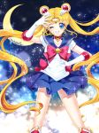  ;d back_bow bishoujo_senshi_sailor_moon blonde_hair blue_background blue_eyes blue_sailor_collar blue_skirt boots bow brooch choker circlet crescent earrings elbow_gloves feet_out_of_frame gloves hair_ornament hairpin jewelry knee_boots long_hair magical_girl one_eye_closed open_mouth pleated_skirt red_bow red_footwear red_neckwear sailor_collar sailor_moon sailor_senshi_uniform shirataki_kaiseki signature skirt smile solo standing tsukino_usagi white_gloves 