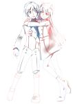  1boy 1girl angi boots couple darling_in_the_franxx eyebrows_visible_through_hair hair_ornament hairband hiro_(darling_in_the_franxx) holding_lollipop horns hug lipstick loking_anotuniform lollipop long_hair looking_at_another military military_uniform necktie one_leg_raised oni_horns orange_neckwear pantyhose shoes short_hair socks zero_two_(darling_in_the_franxx) 