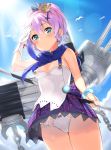  agnamore anchor arm_up azur_lane bangs bare_shoulders bird black_ribbon blue_eyes blue_sky blush bow bow_panties breasts camisole cannon chain closed_mouth cloud commentary cowboy_shot crown day eyebrows_visible_through_hair gloves hair_between_eyes hair_ornament hair_ribbon javelin_(azur_lane) looking_at_viewer mini_crown outdoors panties pink_hair plaid plaid_skirt pleated_skirt purple_skirt ribbon salute single_glove skirt sky small_breasts smile solo sunlight turret underwear white_camisole white_gloves white_panties 