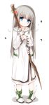  bangs blue_eyes boots crescent eyebrows_visible_through_hair full_body head_tilt holding holding_staff long_hair long_sleeves looking_at_viewer original robe silver_hair solo staff standing star very_long_hair white_background white_footwear white_robe white_wings wide_sleeves winged_boots wings yuuhagi_(amaretto-no-natsu) 