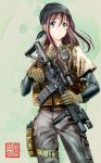  assault_rifle bandana blue_eyes brown_hair gloves gun handgun holding holding_gun holding_weapon holster holstered_weapon load_bearing_vest long_hair m4_carbine oofuji_reiichirou original pistol rifle solo weapon 