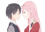  1boy 1girl black_hair blush couple darling_in_the_franxx eyes_closed face-to-face green_eyes hair_ornament hairband hiro_(darling_in_the_franxx) horns long_hair looking_at_another michie_09 military military_uniform necktie oni_horns orange_neckwear pink_hair red_horns red_neckwear short_hair uniform white_hairband zero_two_(darling_in_the_franxx) 