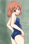  ass blue_swimsuit brown_eyes brown_hair competition_school_swimsuit cowboy_shot dated fang from_behind highres inakami inokuma_youko kin-iro_mosaic locker looking_at_viewer looking_back one-piece_swimsuit open_mouth school_swimsuit short_hair signature smile solo standing swimsuit 