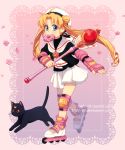  aqua_eyes bishoujo_senshi_sailor_moon black_cat blonde_hair cardcaptor_sakura cat cosplay crescent cutie_moon_rod dav-19 double_bun doughnut facial_mark food full_body hat heart holding holding_scepter kinomoto_sakura kinomoto_sakura_(cosplay) legs long_hair long_sleeves looking_at_viewer looking_away luna_(sailor_moon) miniskirt mouth_hold orange_eyes purple_background roller_skates sailor_collar scepter school_uniform serafuku signature skates skirt tomoeda_elementary_school_uniform trait_connection tsukino_usagi twintails walking watermark web_address white_hat white_sailor_collar white_skirt 