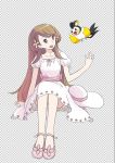  bangs blush breasts brown_eyes brown_hair checkered checkered_background collarbone commentary_request dress emolga eyebrows_visible_through_hair flower gen_5_pokemon hair_flower hair_ornament hat hat_removed headwear_removed kokudou_juunigou lady_(pokemon) long_hair looking_away looking_to_the_side mary_janes no_socks panties pantyshot pantyshot_(sitting) pink_flower pink_sash pokemon pokemon_(creature) pokemon_(game) pokemon_bw puffy_short_sleeves puffy_sleeves shoes short_sleeves sitting small_breasts sun_hat underwear white_dress white_hat white_panties 