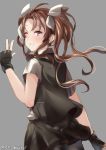  bangs black_gloves black_skirt black_vest blush bow brown_hair eyebrows_visible_through_hair fingerless_gloves floating_hair from_side gloves grey_background hair_between_eyes hair_ribbon hand_up juurouta kagerou_(kantai_collection) kantai_collection long_hair looking_at_viewer looking_back miniskirt one_eye_closed parted_lips purple_eyes remodel_(kantai_collection) ribbon shirt short_sleeves sidelocks simple_background skirt smile solo twintails vest w white_ribbon white_shirt wind wind_lift 
