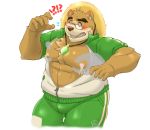  2018 anthro bear big_muscles blush brown_fur clothed clothing eyewear floating_hands fur glasses hat male male_lactation mammal muscular muscular_male nipples simple_background solo straw_hat tokyo_afterschool_summoners volos white_background 