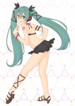  :q ass bracelet from_side full_body green_eyes green_hair hair_between_eyes hatsune_miku headphones high_heels highres jewelry long_hair looking_at_viewer miniskirt number_tattoo reverie_soda sandals shoulder_tattoo skirt solo tattoo tongue tongue_out twintails very_long_hair vocaloid white_background 