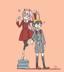  !? 1boy 1girl artist_request black_hair black_legwear blush book boots brown_footwear couple darling_in_the_franxx eyebrows_visible_through_hair green_eyes hair_ornament hairband heart hiro_(darling_in_the_franxx) holding_book holding_lollipop honey honeypot horns kzzrp lollipop long_hair military military_uniform necktie one_leg_raised oni_horns orange_neckwear pantyhose pink_hair red_horns red_neckwear shoes short_hair signature socks uniform white_footwear white_hairband zero_two_(darling_in_the_franxx) 