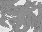  anthro avian balls erection fasttrack37d feathered_wings feathers greyscale gryphon humanoid_penis male markings monochrome muscular muscular_male no_pupils nude penis solo vein wings 