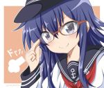  &gt;:) adjusting_eyewear akatsuki_(kantai_collection) anchor_symbol bangs bespectacled black_sailor_collar blue_hair doyagao eyebrows_visible_through_hair flat_cap glasses hair_between_eyes hat kantai_collection long_hair looking_at_viewer neckerchief purple_eyes red_neckwear sailor_collar school_uniform serafuku smug solo tamayan v-shaped_eyebrows 