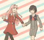  1girl 3chi_clbss2d black_hair black_legwear blue_eyes commentary_request couple darling_in_the_franxx green_eyes hair_ornament hairband hiro_(darling_in_the_franxx) holding_hands horns long_hair looking_back military military_uniform necktie oni_horns orange_neckwear pantyhose pink_hair red_horns red_neckwear uniform white_hairband zero_two_(darling_in_the_franxx) 